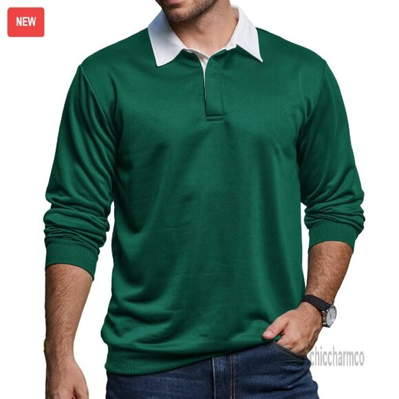 Men's Long Sleeve Polo Sweatshirt Button Down Collar Heavyweight Fabric